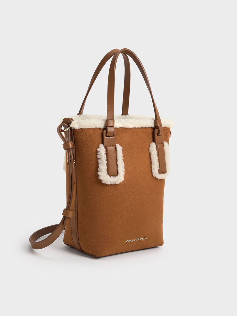 Noelle Faux Suede Fur-Trim Elongated Tote, Brown, hi-res