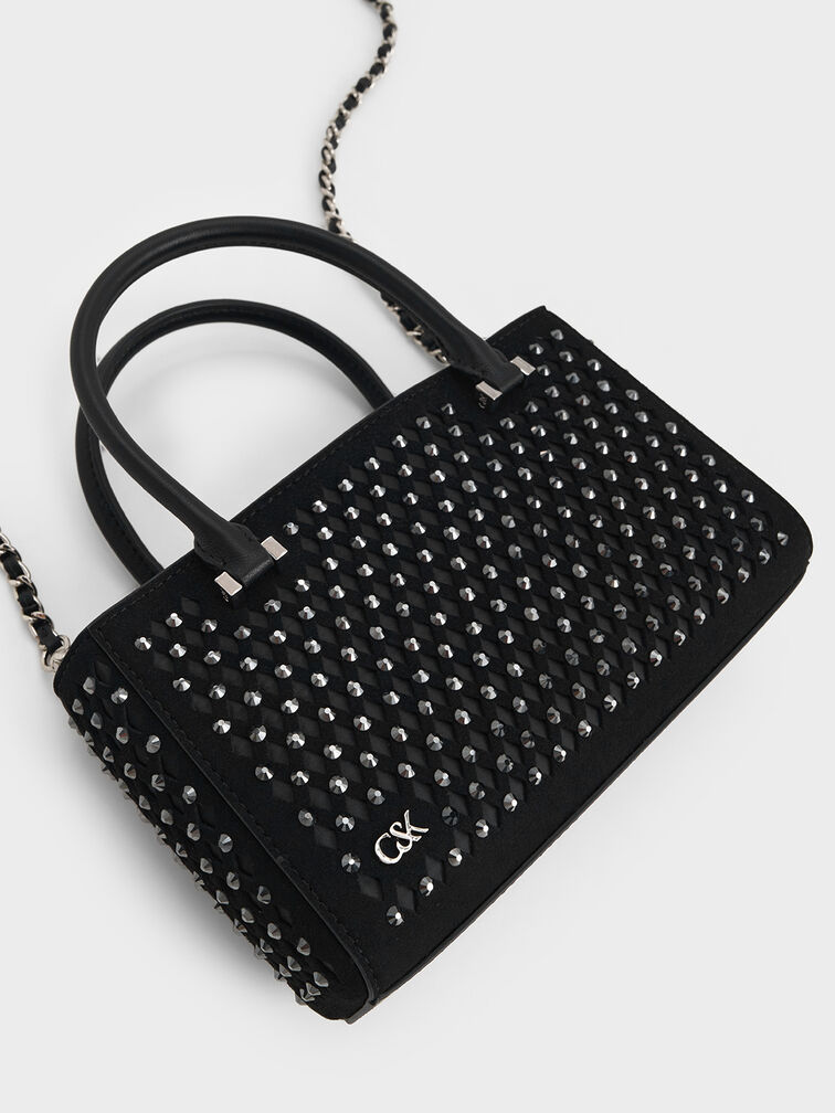Suede & Leather Studded Cut-Out Tote Bag, Noir, hi-res