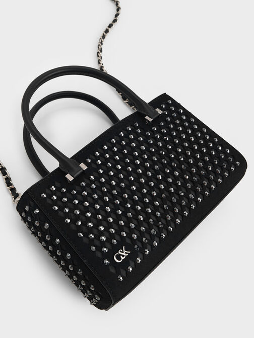 Suede & Leather Studded Cut-Out Tote Bag, Noir, hi-res