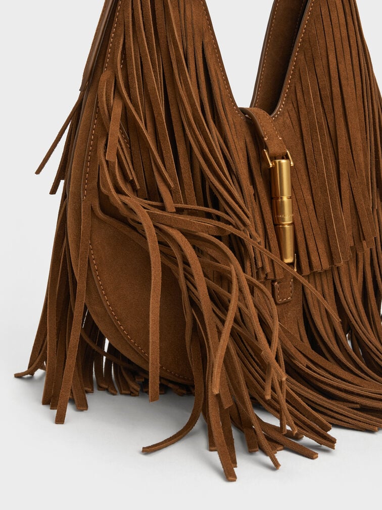 Cesia Recycled Suede Fringed Hobo Bag, Sienna Brown, hi-res