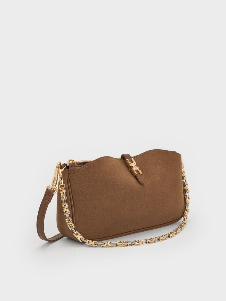 Adalyn Recycled Suede Metallic-Buckle Chain-Handle Shoulder Bag, Mocha Brown, hi-res