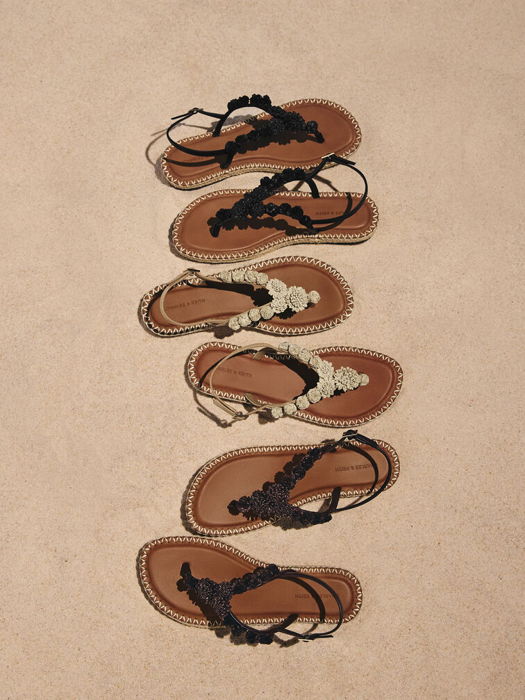 Faux Suede Flower Espadrille Thong Sandals, Sand, hi-res