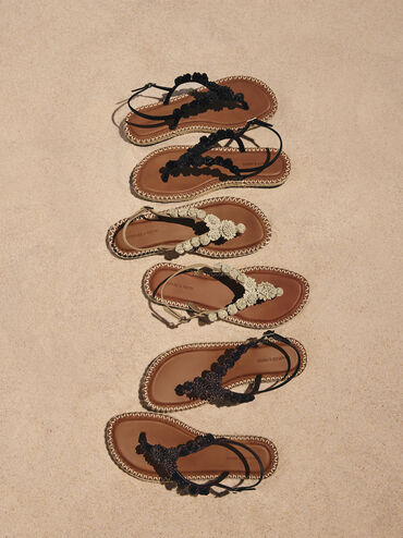 Faux Suede Flower Espadrille Thong Sandals, Sand, hi-res