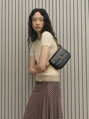 Gwynne Metallic-Accent Saddle Bag, Black, hi-res