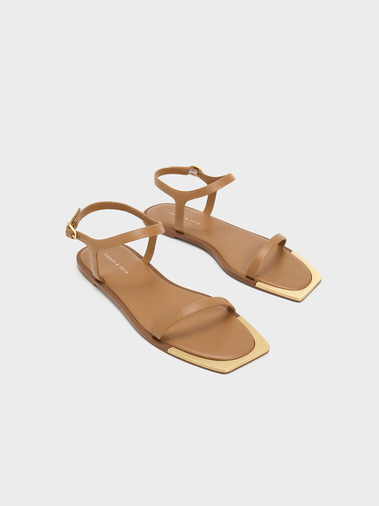 Metallic Square-Toe Sandals, Camel, hi-res