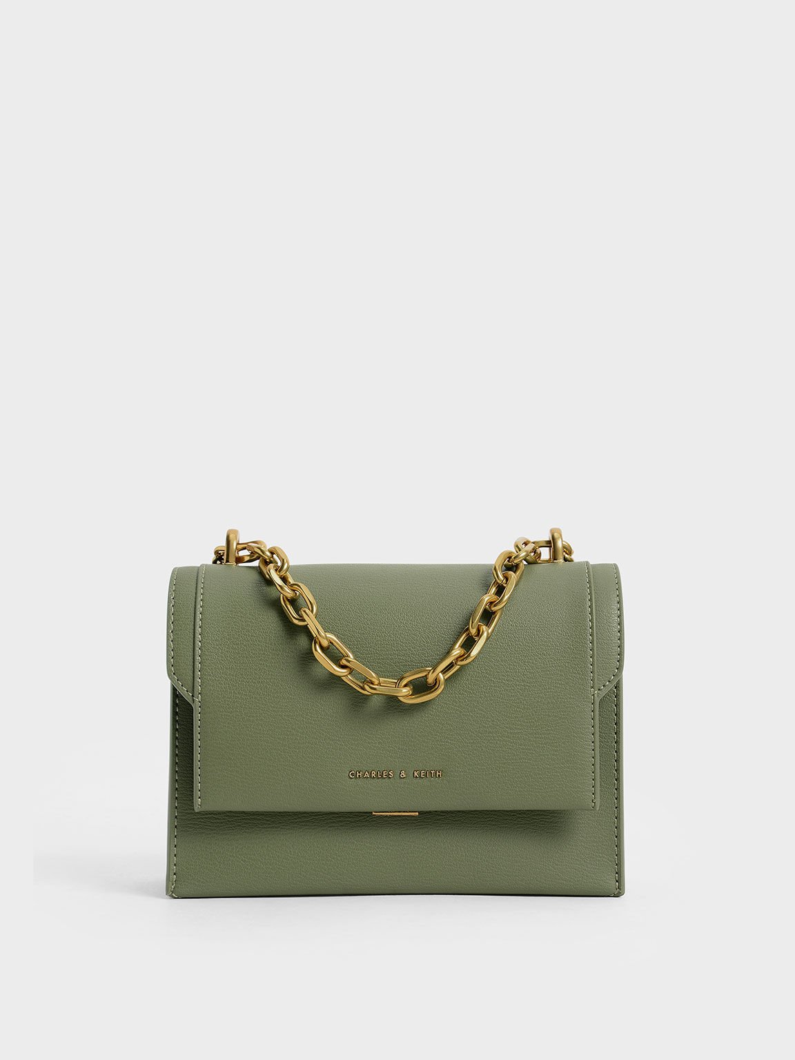 Front Flap Chain Handle Crossbody Bag Olive