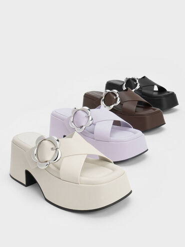 Flower-Buckle Crossover Platform Mules, Dark Brown, hi-res