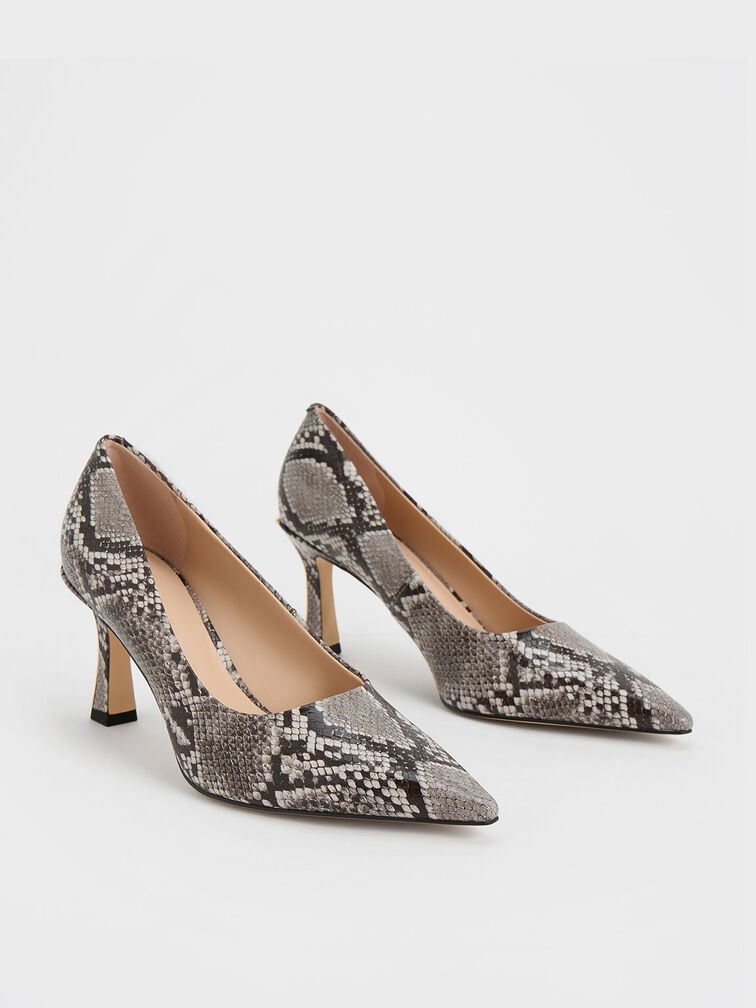 Snake-Print Flared Heel Pointed-Toe Pumps, Animal Print Natural, hi-res