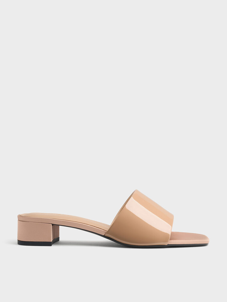 Patent Wide-Strap Heeled Mules, Nude, hi-res