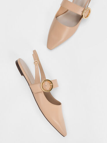 Buckled Strap Slingback Flats, Nude, hi-res