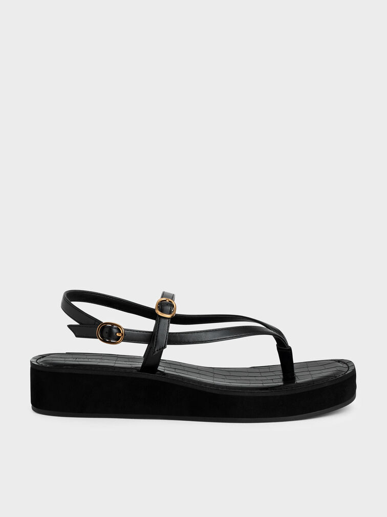 Black Strappy Flatform Thong Sandals - CHARLES & KEITH IN