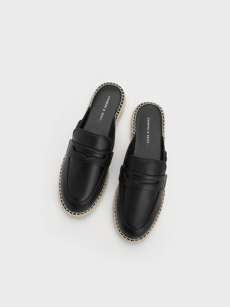Penny Loafer Backless Espadrilles, Black, hi-res