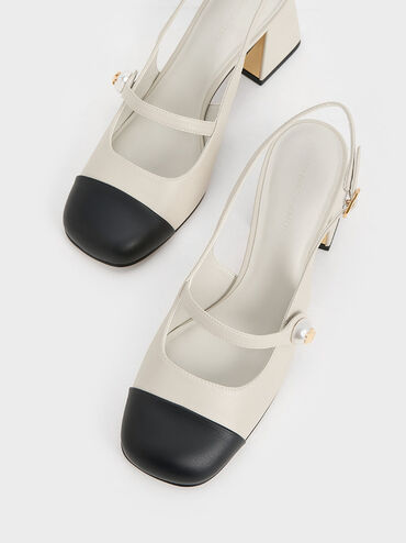 Pearl Embellished Trapeze-Heel Slingback Pumps, Chalk, hi-res