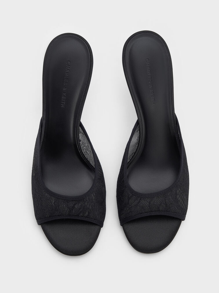 Lace Stiletto Mules, Black Textured, hi-res