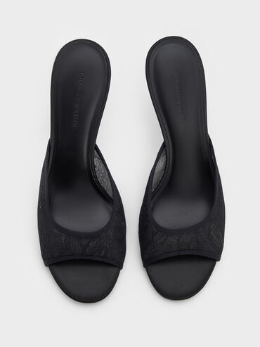 Lace Stiletto Mules, Black Textured, hi-res