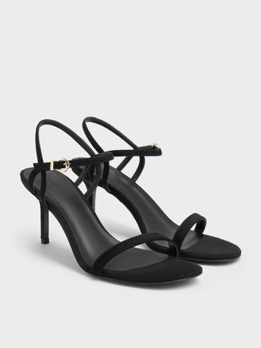 Faux Suede Ankle-Strap Heeled Sandals, Black Textured, hi-res