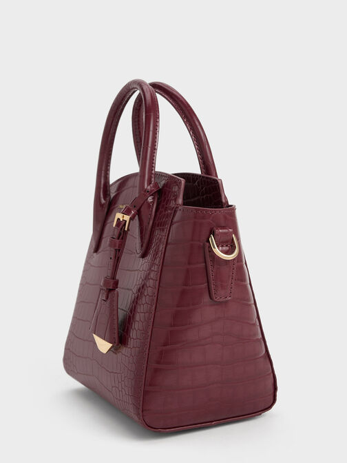 Croc-Effect Trapeze Structured Tote Bag, Burgundy, hi-res