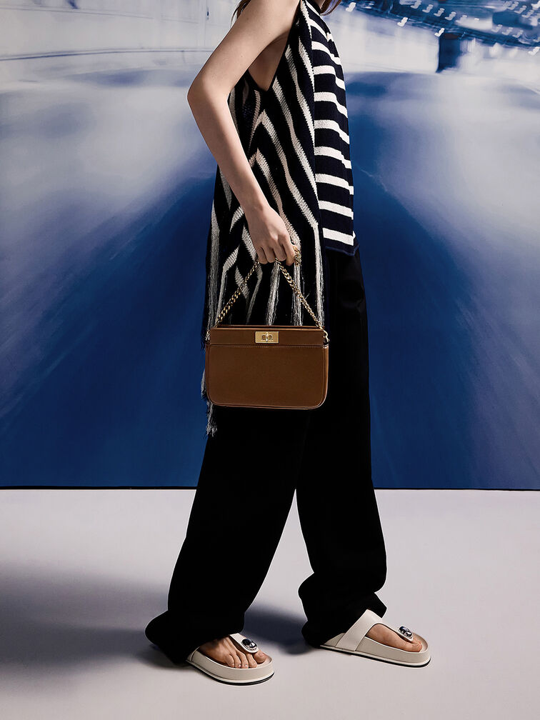 Lennie Chain-Handle Shoulder Bag, Dark Brown, hi-res