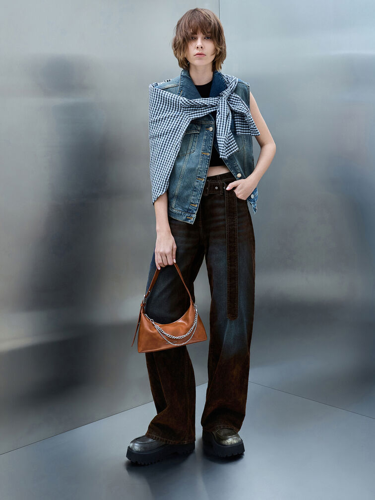 Atwood Chain-Embellished Shoulder Bag, Distressed Tan, hi-res