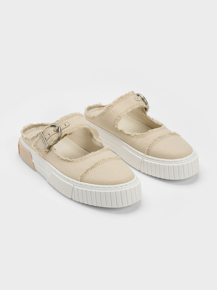 Denim Buckled Slip-On Sneakers, Beige, hi-res