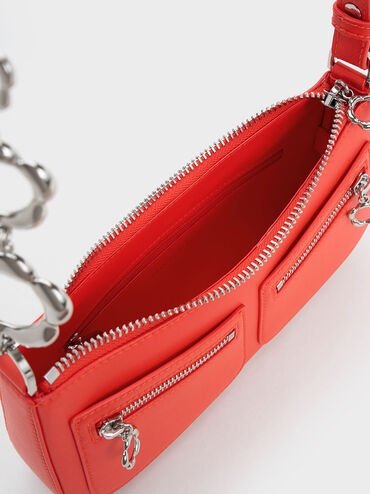 Flower-Embellished Shoulder Bag, Red, hi-res