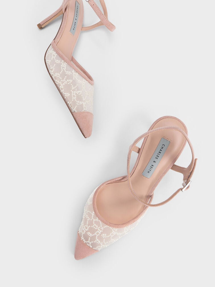 Beaded Mesh Ankle Strap Pumps, Nude, hi-res