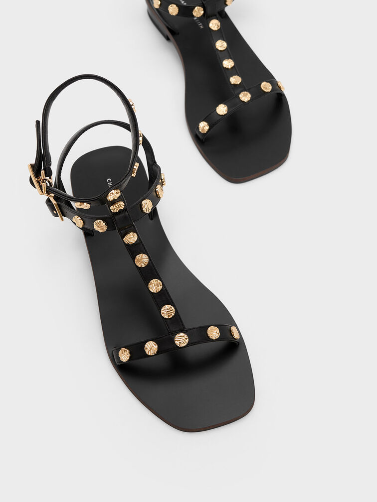 Studded Gladiator Sandals, Black, hi-res
