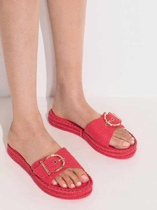 Linen Buckled Espadrille Flat Sandals, Fuchsia, hi-res