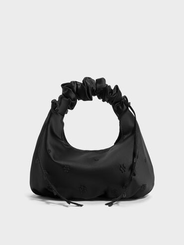 Mabel Satin Floral-Vine Hobo Bag, Noir, hi-res
