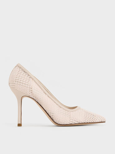 Mesh Woven Pointed-Toe Pumps, Cream, hi-res
