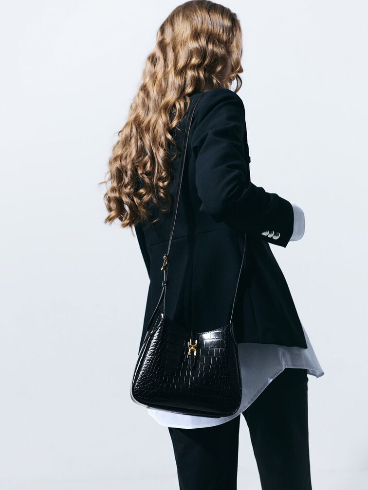 Mini Adalyn Croc-Effect Metallic-Buckle Belted Hobo Bag, Black Croco, hi-res