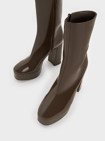 Patent Platform Side-Zip Ankle Boots, Brown, hi-res