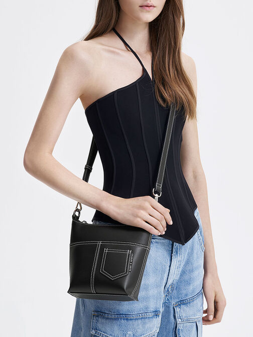 Anthea Contrast-Trim Shoulder Bag, Black, hi-res