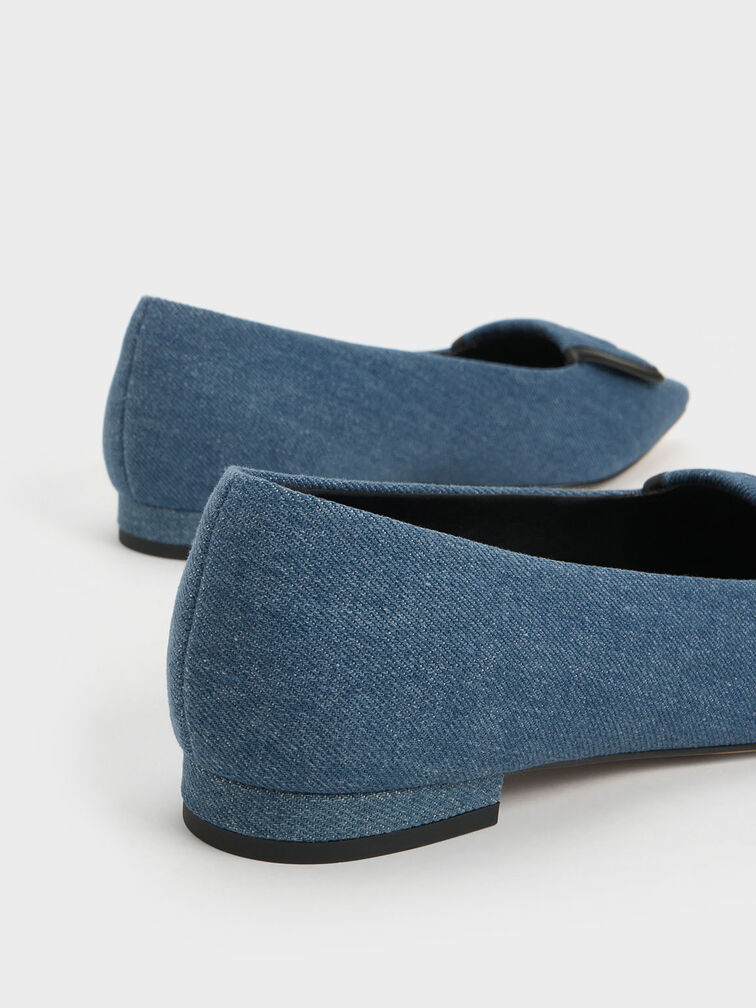 Leather & Denim Pointed-Toe Flats, Blue, hi-res