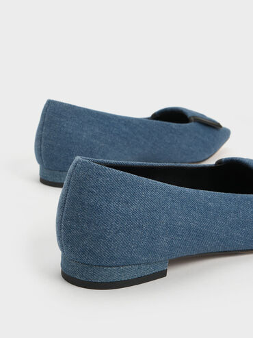 Leather & Denim Pointed-Toe Flats, Blue, hi-res
