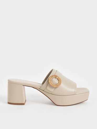 Woven Buckle Platform Mules, Chalk, hi-res
