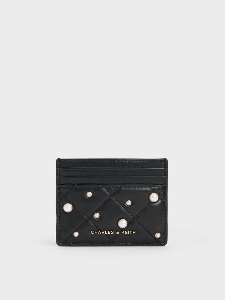 Janie Pearl-Embellished Quilted Card Holder, Black, hi-res