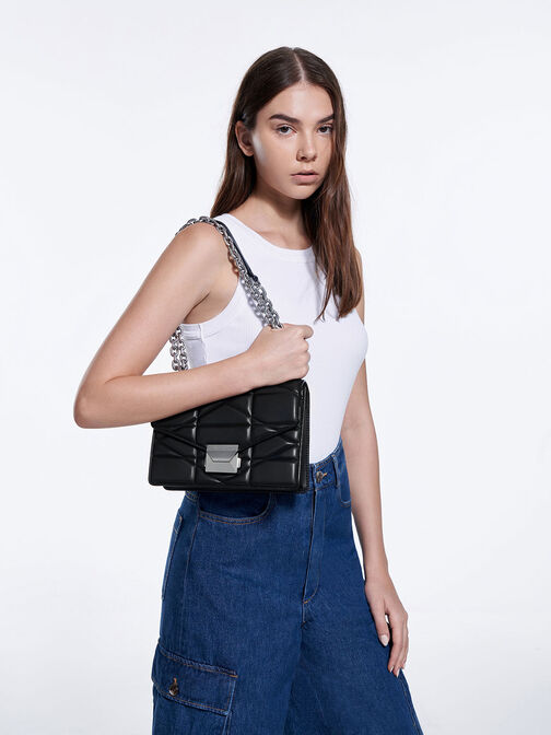 Blanche Chevron Chain Handle Bag, Noir, hi-res