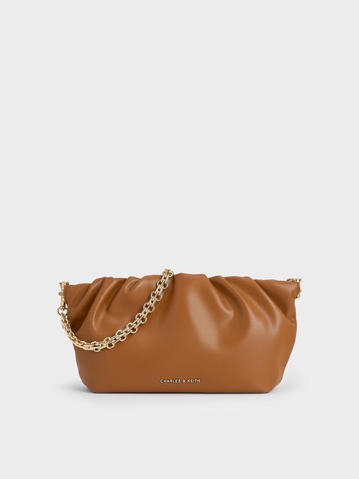 Brigette Ruched Chain-Handle Clutch, Brown, hi-res