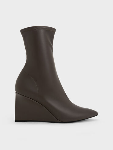 Pointed-Toe Wedge Ankle Boots, Dark Brown, hi-res