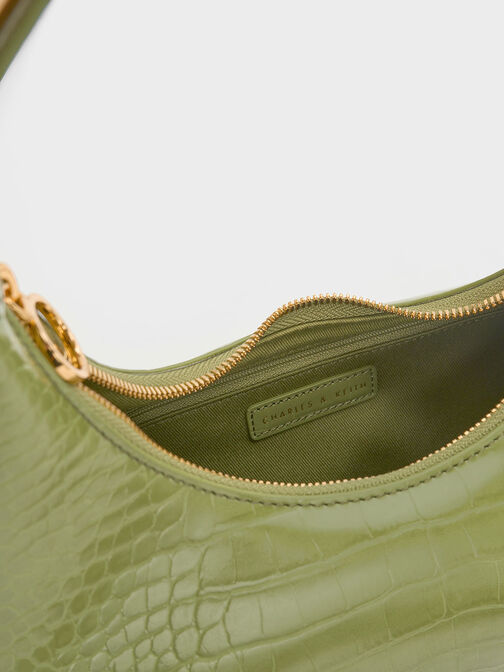 Croc-Embossed Crescent Hobo Bag, Olive, hi-res