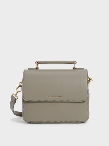 Front Flap Top Handle Crossbody Bag, Taupe, hi-res