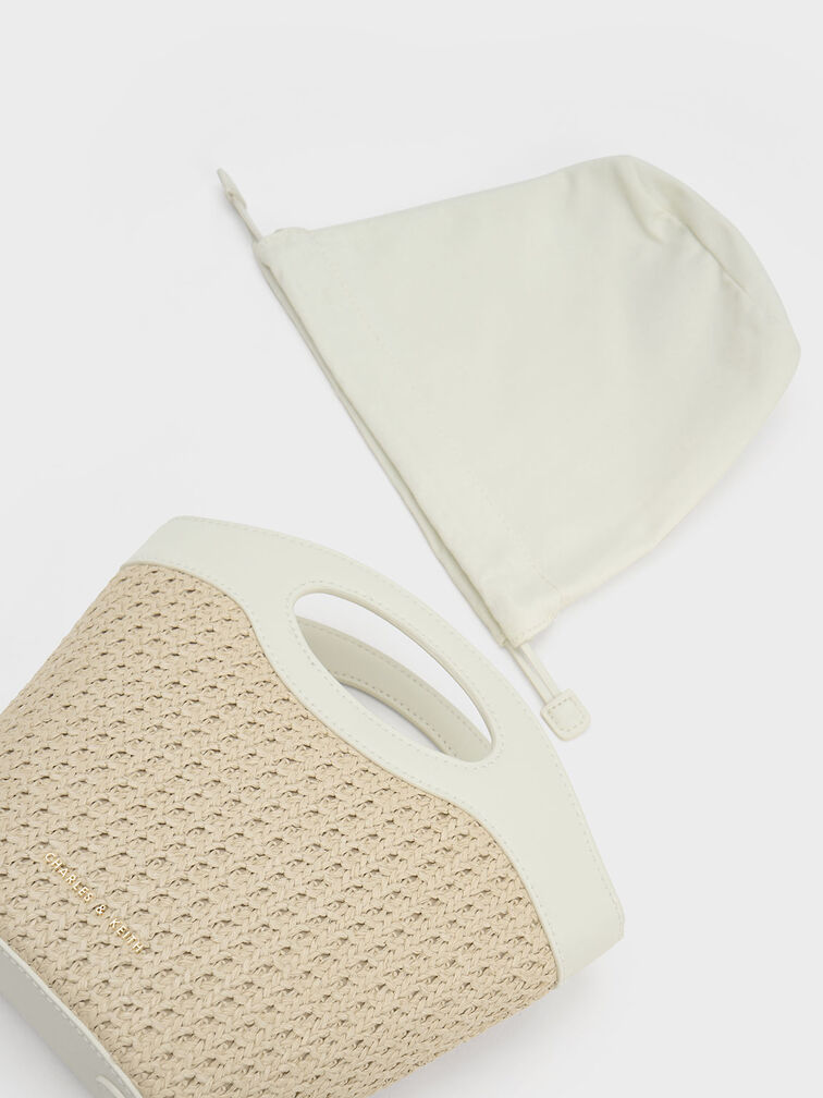 Raffia Drawstring Bucket Bag, White, hi-res