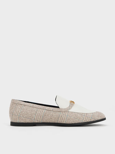 Metallic Accent Checkered Round-Toe Loafers, Grey, hi-res