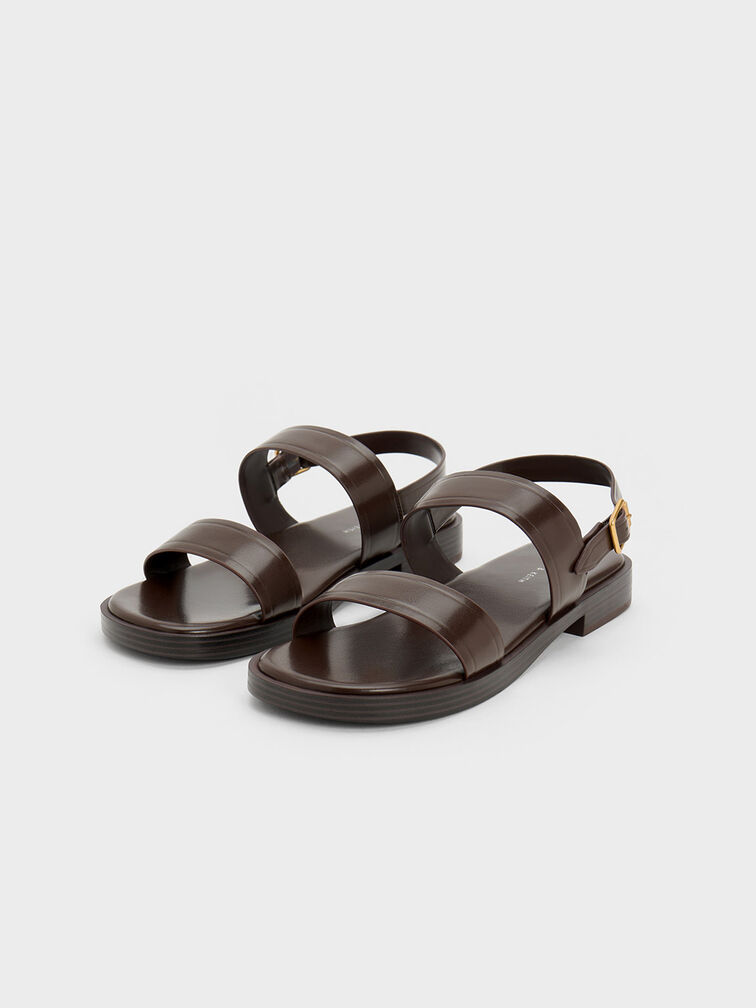 Buckled Double Strap Sandals, Dark Brown, hi-res