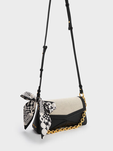 Arley Canvas Chain-Link Trapeze Bag, Black Textured, hi-res