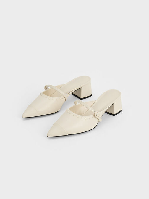 Studded Pointed-Toe Block Heel Mules, Chalk, hi-res