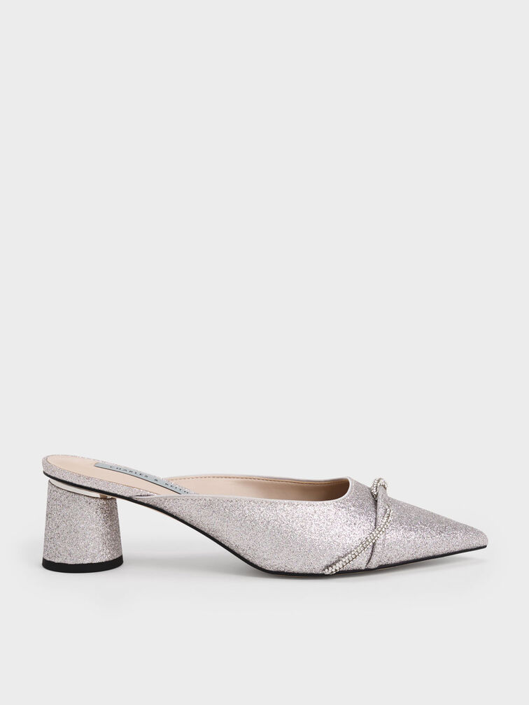 Twist Detail Glittered Mules, Silver, hi-res