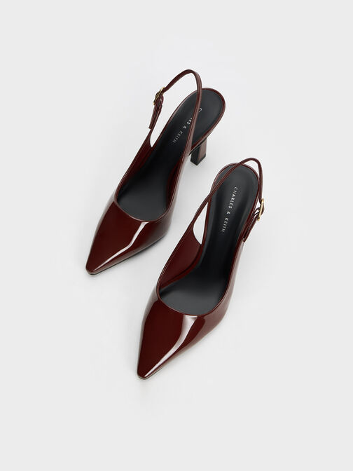 Patent Trapeze Heel Slingback Pumps, Burgundy, hi-res