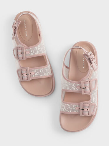 Beaded Mesh Flatform Sandals, Nude, hi-res